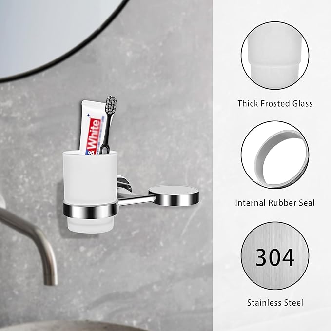 Double Toothbrush Holder, Wall Mounted Glass Tumbler Holder with Frosted Glass, Toothpaste Organizer for Bathroom