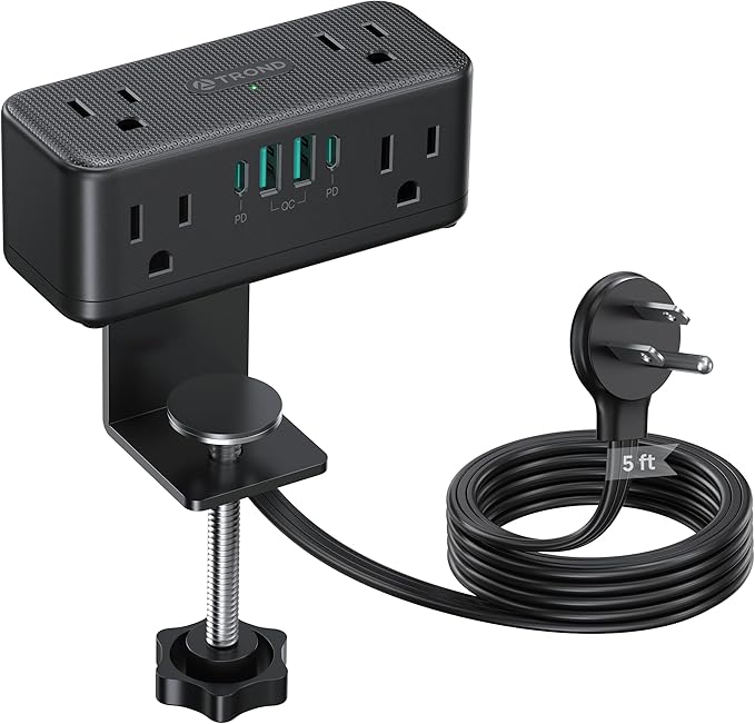 TROND Small Footprint Desk Clamp Power Strip with USB C PD 20W, Flat Plug Extension Cord Surge Protector 5ft, 6 Wide Space Outlets 4 USB, Fit 2.16" Tabletop Edge, Home Office Desk Accessories, Black