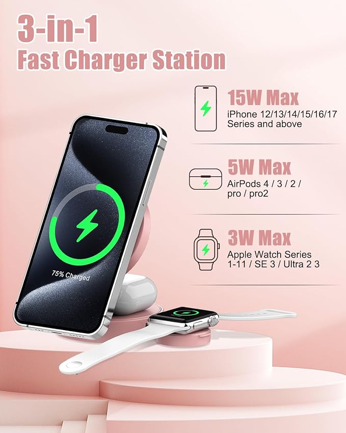 3 in 1 Magnetic Wireless Charging Station for iPhone 17/16/15/14/13/12 Series, Apple Watch and AirPods, MagSafe-Compatible 15W Fast Charging Stand, Foldable Adjustable Travel Charger, Pink