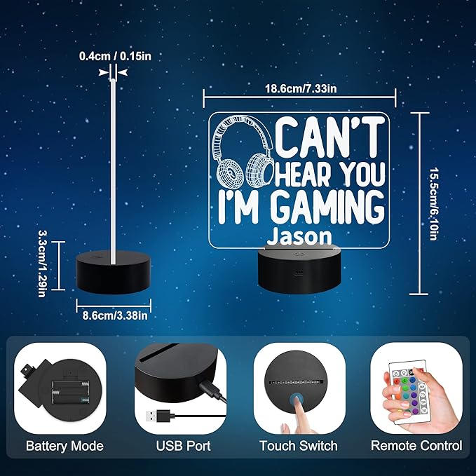 YuanDian Personalised Gamer Gifts, Can't Hear You I'm Gaming Night Light, Headset Graphic Video Games Funny 3D Illusion Lamp 16 Colors Changing Touch & Remote Control for Men Teenagers and Kids