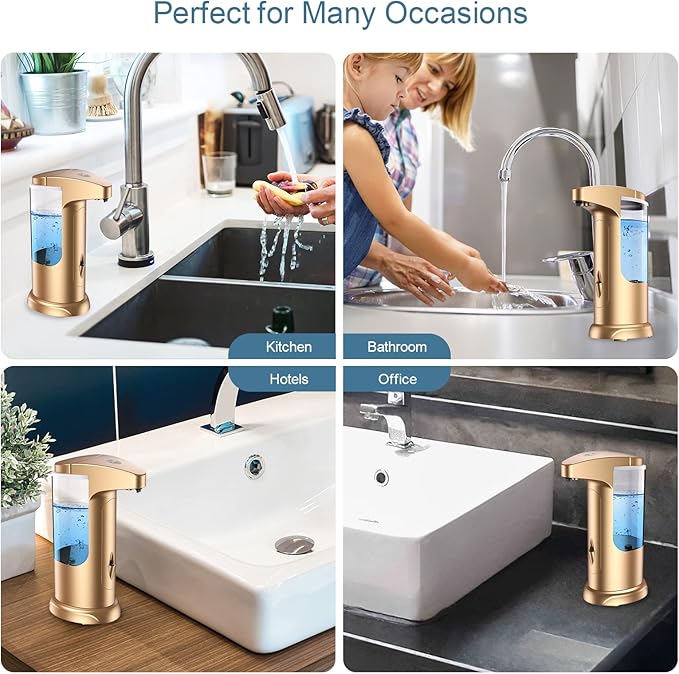 370ml Touch-Free Battery Operated Electric Automatic Liquid Soap Dispenser - Adjustable Soap Dispensing Volume - Premium Soap Dispenser for Kitchen Bathroom Toilet (Golden)