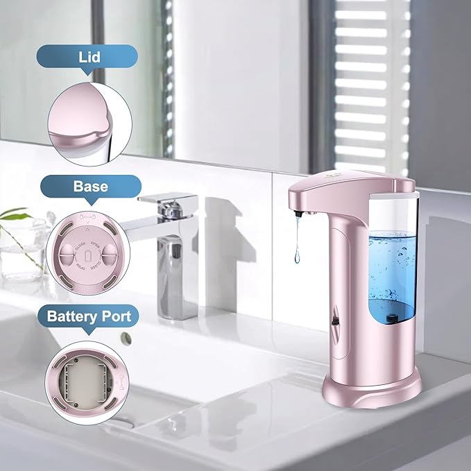 12.5 oz Automatic Liquid Soap Dispenser, Touch-Free Battery Operated Adjustable Soap Dispensing, Volume Premium for Kitchen Bathroom Toilet (Pink)