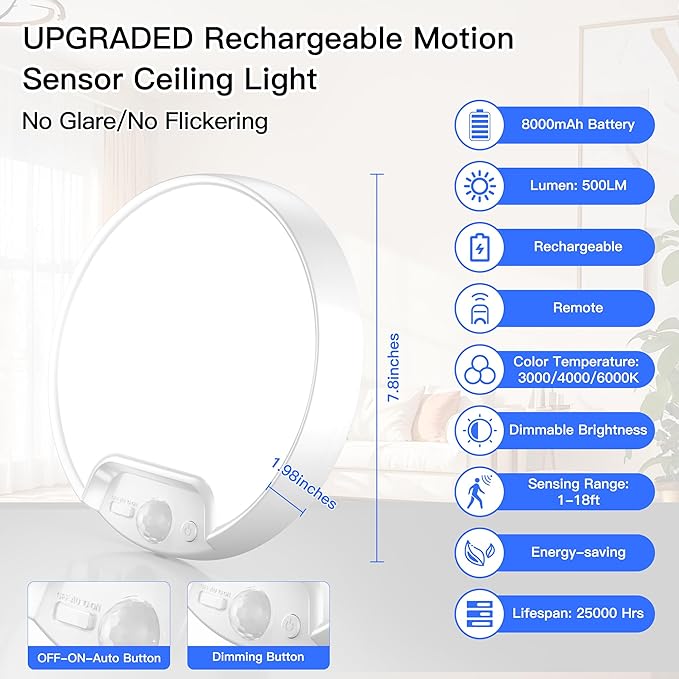 Homelist Rechargeable Motion Sensor Ceiling Light with Remote, Wireless Battery-Operated Ceiling Light for Pantry, Basement Storage, Closet, Bathroom, Laundry Room, Hallway, Stairs 3 Color Temperature