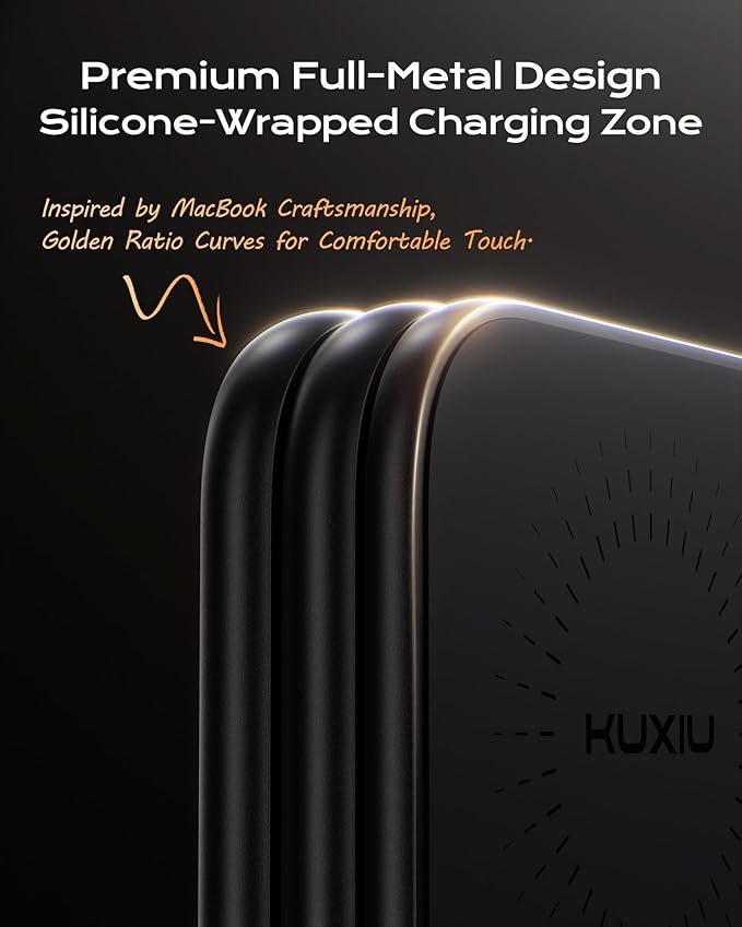 KU XIU Qi2.2 25W Magnetic Wireless Charger, Foldable 3 in 1 Travel Charging Station for iPhone 17/16/15/14/13/12, 5W for Apple Watch & AirPods, Aluminum Alloy Design, 45W GaN Adapter Included, Black