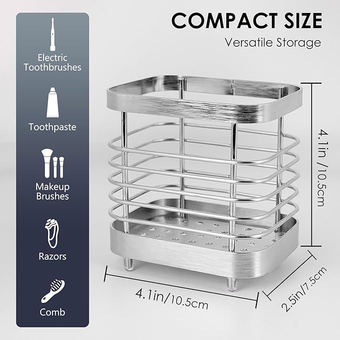 Wall Mount Toothbrush Holder for Bathroom, Stainless Steel Rustproof Toothbrush and Toothpaste Holder Organizer, Electric Toothbrush Holder Self Adhesive Wallmount/Countertop Organizer(Silver Small)