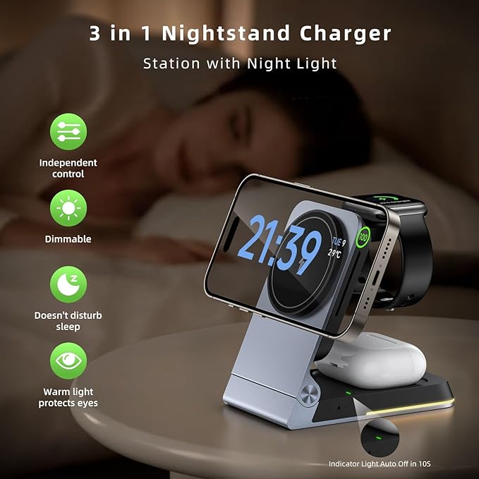 Foldable Wireless Charger 3 in 1 - Magnetic Wireless Charging Station for Apple Magsafe Charger Stand with Light,Aluminum Portable Travel Charger Dock for iPhone 17/16/15/14/13/12,Apple Watch,AirPods