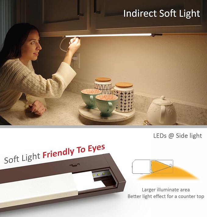 Leetdud LED Under Cabinet Lighting Hardwired or Plug in, 12 Inch 6W, Dimmable 5 Color 2700K/3000K/3500K/4000K/5000K, Linkable Eyes Care Design Counter Lights for Kitchen, Sink, ETL Listed, Bronze