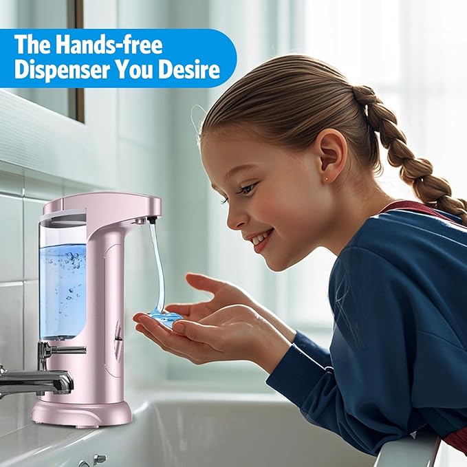 AMIR 12.5oz Touchless Automatic Soap Dispenser, Battery Operated Automatic Liquid Hand Soap Dispenser, Adjustable Volume, Water-Resistant for Kitchen and Bathroom,Pink