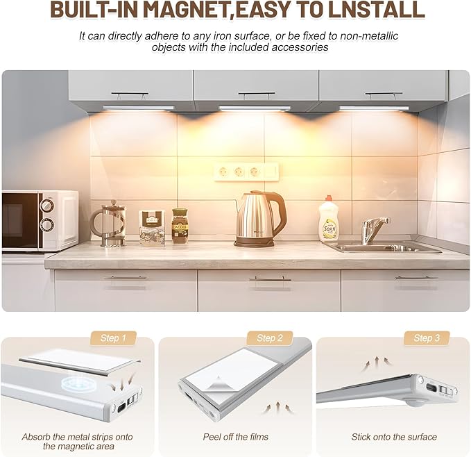 6 Pack Under Cabinet Lighting Wireless, 68 LED Rechargeable Battery Motion Sensor Light Indoor, Stick On Magnetic Closet Lights, Under Counter Lights for Kitchen, Stairs, Warm 16 in