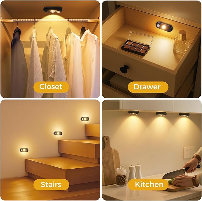 LED Motion Sensor Puck Lights, Small Rechargeable Under Cabinet Light, Dimmable Warm White Closet Lights, Wireless Under Cabinet Lighting for Drawer, Kitchen (8 Pack)