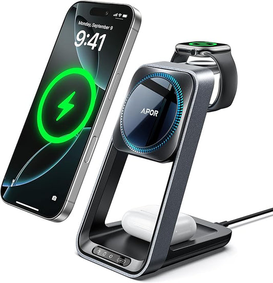 3 in 1 Charging Station for iPhone, Magsafe Wireless Charger with Cooling Fan for iPhone 16 15 14 13 12 Series & Apple Watch Charger 10/Ultra 2, Wireless Charging Station for AirPods 4/3/Pro/Pro 2