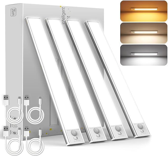 Under Cabinet Lighting Wireless, Under Cabinet Lights, 4 Pack Rechargeable Motion Sensor Light Indoor, 3 Color Temps, 5 Levels Dimmable Magnetic Closet Lights, Under Counter Lights for Kitchen, Stairs