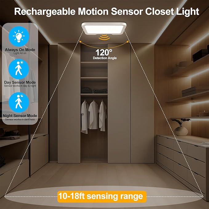 OSIDEN Rechargeable Motion Sensor Ceiling Light Wireless Magnetic Closet Light with Remote 3 Color Dimmable Battery Operated Ceiling Lights for Pantry Shed Hallway Porch Garage Stairs Shower