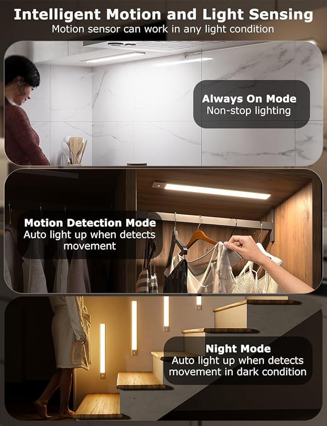 16" Ultra-Thin Under Cabinet Lighting Wireless, Aluminum Alloy Under Counter Lights for Kitchen, 3-Color-Temps Magnetic Closet Lights, Rechargeable Motion Sensor Light Indoor (2 Pack, Silver)