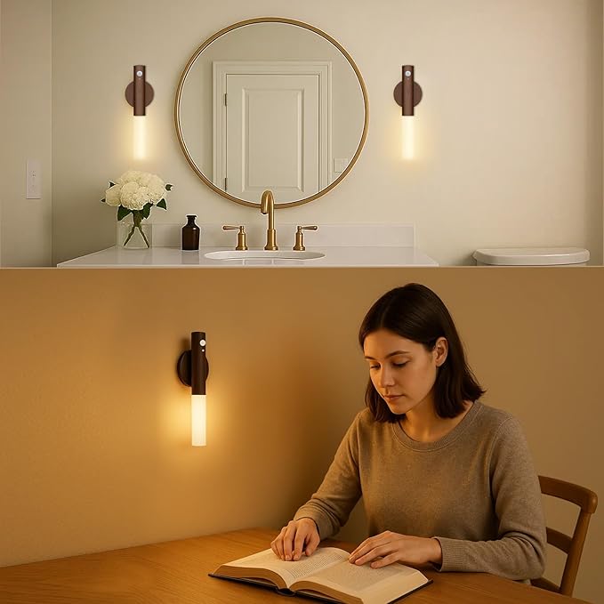 WhitePoplar Battery Operated Wall Sconce Set of 2 - Rechargeable Motion Sensor Night Lights, 2200mAh Wireless Wall Lights Sconce, Magnetic Portable Hallway Light for Kitchen Stair Cabinet, 3000K