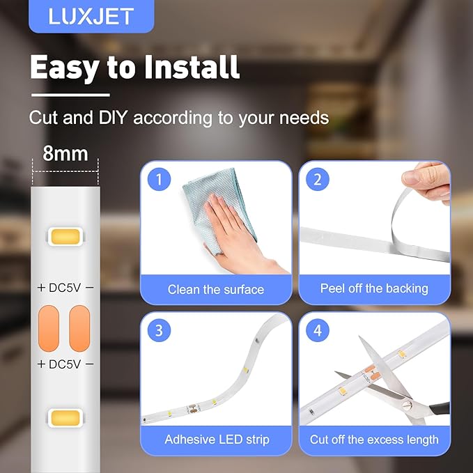 LUXJET Rechargeable Motion Sensor Wardrobe Light, 3.3ft Flexible LED Strip with 30LED, PIR and Light Sensor, Warm White Night Light for Bedroom, Kitchen, Wall, Closet, Cabinet