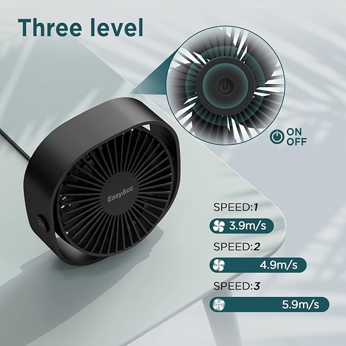 EasyAcc USB Small Desk Fan, Slumber Pod Fan [360°Rotatable Head &Powerful ] 3 Speeds Portable Personal Table Travel Fan for Sleeping Desk Cruise Ship Dorm Bedroom Office Office (No Battery)