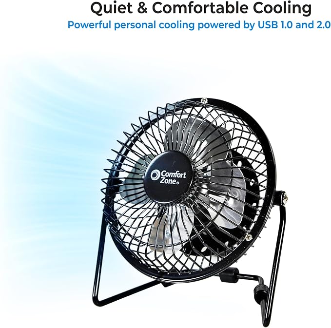 Comfort Zone 4-inch All-Metal Mini Desk Fan – High Velocity Portable USB Fan with 120V Wall Adapter, 360° Adjustable Tilt & Quiet Operation – Compact Electric Table Fan for Office, Home & Travel
