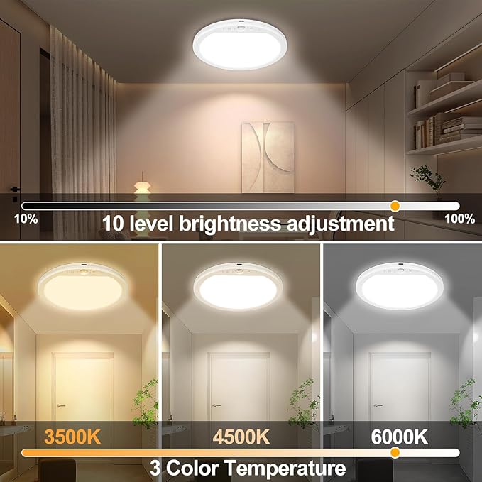 OSIDEN Rechargeable Motion Sensor Ceiling Light with Remote Battery Operated Closet Light Wireless Magnetic Stick-on Night Lights, 3 Color Temperatures & Dimmable for Shower, Shed, Hallway