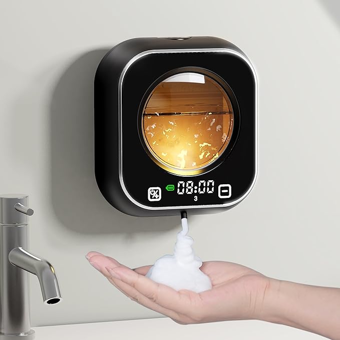 Automatic Foaming Soap Dispenser, Wall Mounted Soap Dispenser, 320ML Electric Smart Touchless Rechargeable, 5 Adjustable Foam Levels, No-Drill Waterproof for Bathroom, Kitchen, Office (Black)