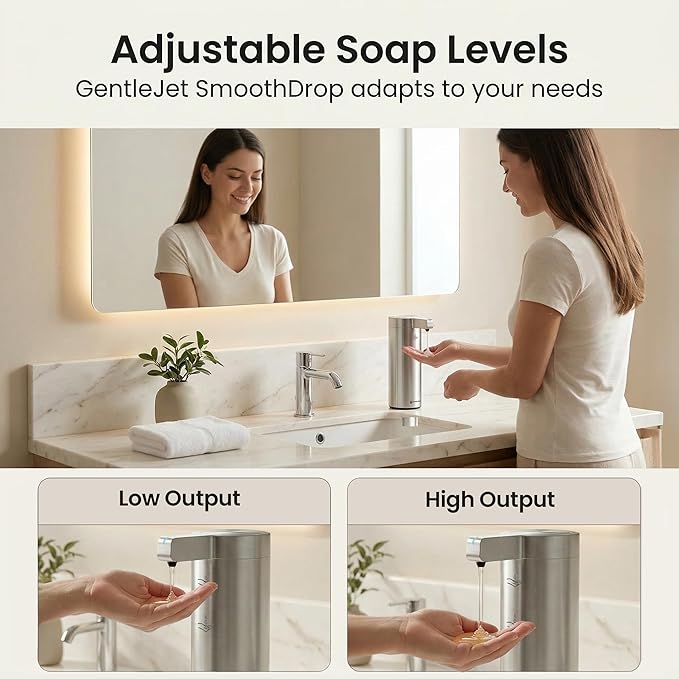 GentleJet SmoothDrop Automatic Liquid Soap Dispenser Touchless, No-Drip Precision Pump, USB-C Rechargeable, 304 Stainless Steel, Waterproof Countertop Dispenser for Kitchen & Bathroom Sink, 270 ml