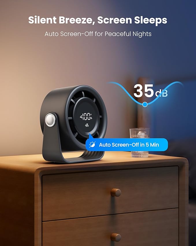 Gaiatop Small Desk Fan Rechargeable, Quiet Personal Table Fan, Touch Control Display, 360° Tilt, 5-Speed Strong Wind, 4000mAh Battery, Small Fans for Bedroom Dorm Office, Gifts for Women Men, Black