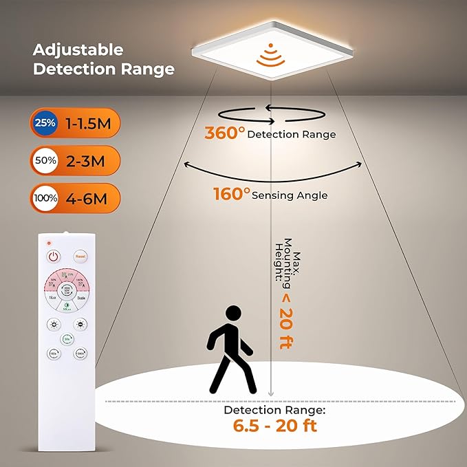BLNAN Dimmable Motion Sensor LED Ceiling Light with Remote Control, 12 Inch 24W 2400LM Radar Motion Activated Flush Mount Wired Light Fixture for Closet Hallway Laundry Porch Stair, 3000K 4000K 5000K