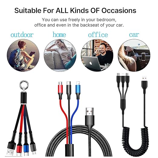 Multifunction USB Charging Cable Set,3 Pack 3 in 1 Nylon Braided Cord,Multiple Fast Charger Cords for Home,Office,Car