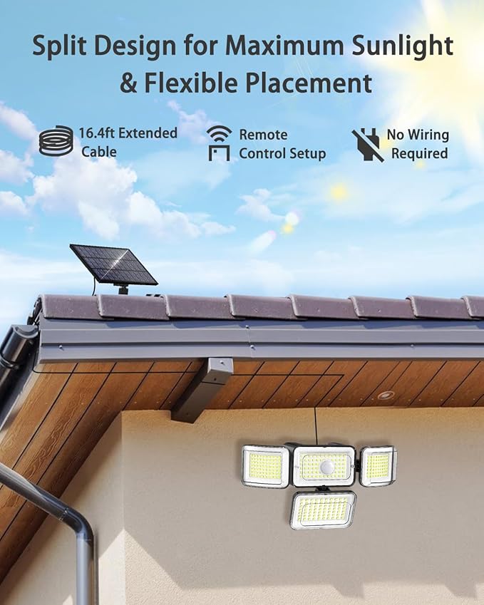 CLAONER Solar Outdoor Lights Motion Sensor 3500LM 288 LED Solar Security Lights with Remote Control IP67 Waterproof 4 Heads Solar Flood Lights with 16.4ft Cable 4 Modes Wall Lights(2 Pack)