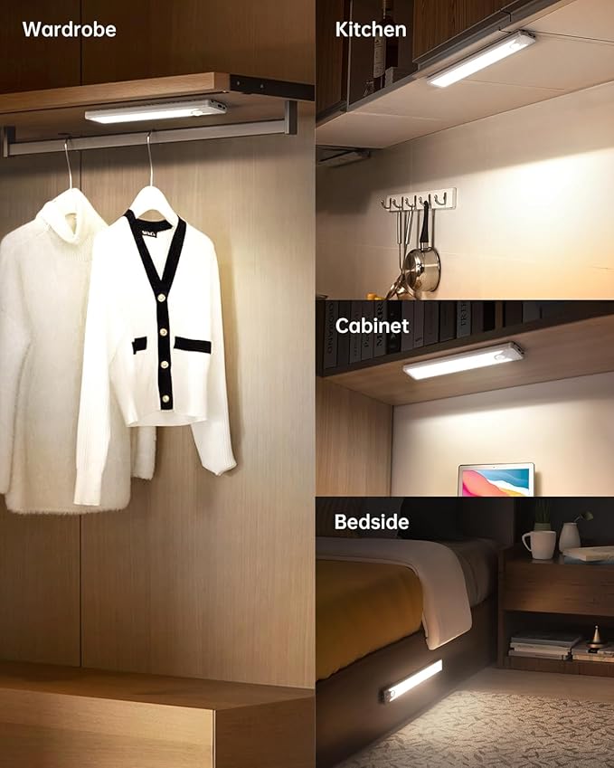 Pak 16 Inch Under Counter Cabinet Lighting, 83 LED Battery Operated Motion Sensor Light, Dimmable Closet Lights, USB Rechargeable, Wireless Magnetic Under Counter Light for Kitchen, Bathroom, 2 Packs