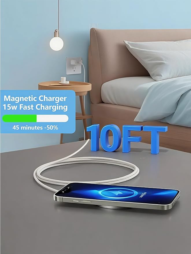 Magnetic Wireless Charger for Apple iPhone 17/16/15/14/13/12/11/AirPods, 2-Pack Fast Charging Long Cable 10ft Magnet Pad & 2-Pack Type-c Charger Block, White