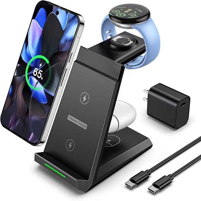 NANAMI Wireless Charger for Google - 3 in 1 Wireless Charging Station Fast Charger Stand Dock for Pixel 9/9 Pro XL/Fold/8/7,Buds Pro 2/Pro, Watch 3/2,Fitbit Versa 4/Sense 2(Not for Pixel Watch 1/4)