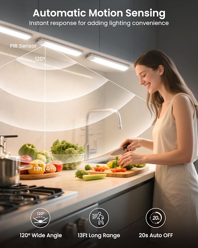 Pak 16 Inch Under Counter Cabinet Lighting, 83 LED Battery Operated Motion Sensor Light, Dimmable Closet Lights, USB Rechargeable, Wireless Magnetic Under Counter Light for Kitchen, Bathroom, 2 Packs