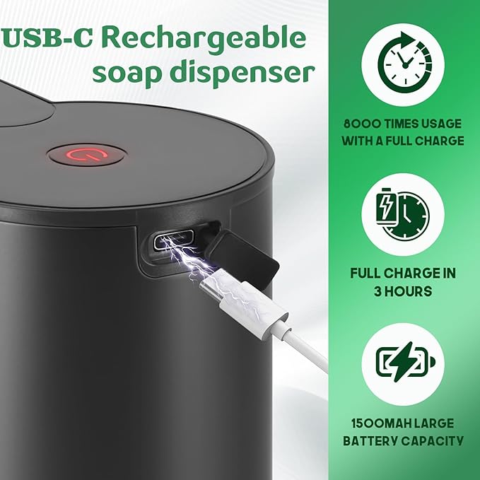 Automatic Hand Soap Dispenser Touchless: Foaming Soap Dispenser Stainless Steel - Free Touch Electric Soap Dispenser Rechargeable with Sensor for Bathroom, Commercial (Black)