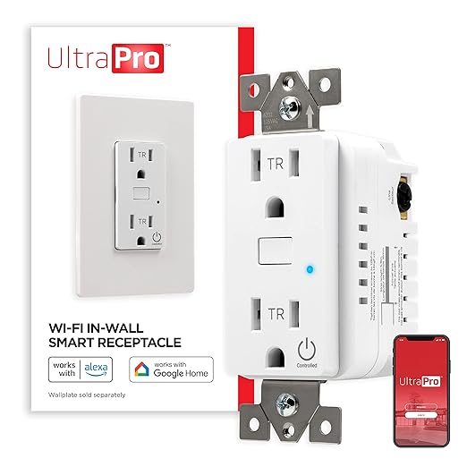 UltraPro In-Wall Smart Outlet, Receptacle, 2.4 GHz Wi-Fi, No Hub Required, Works with Alexa & Google Assistant, Tamper-Resistant, 1 Wi-Fi & 1 Always On Outlet, Simple Setup, Easy-To-Use-App, 51400