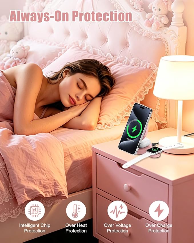 3 in 1 Magnetic Wireless Charging Station for iPhone 17/16/15/14/13/12 Series, Apple Watch and AirPods, MagSafe-Compatible 15W Fast Charging Stand, Foldable Adjustable Travel Charger, Pink
