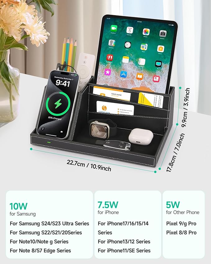 Fast Wireless Charging Station with Desk Organizer for iPhone 17/16/15/15 Pro/14/14 Pro Max/14 Pro/14 Plus/13/13 Pro Max/13 Pro/and iPhone 12/11 Series, Nightstand Desktop Organizer for Home Office