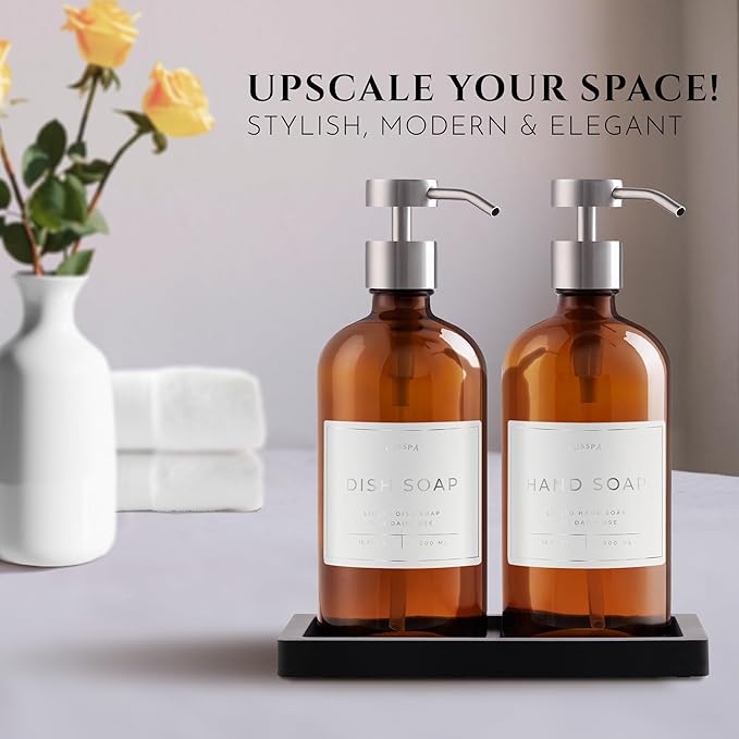Glass Soap Dispenser Set of 2 (Amber) with Silicone Tray | Hand and Dish Soap Dispenser for Kitchen and Bathroom | 16.8 Oz Glass Bottles with Stainless Steel Pump & 15 Waterproof Labels (Amber/Silver)