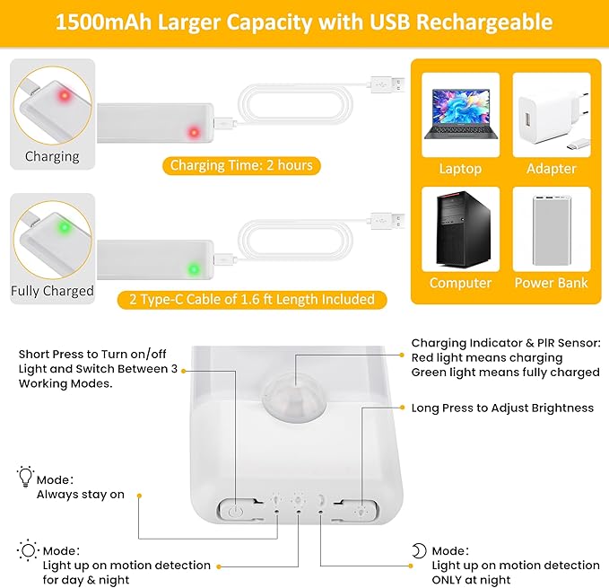 51-LED Motion Sensor Under Cabinet Lights, Magnetic Rechargeable Under Counter Closet Lighting, Wireless Light Bar Stick-On, 2-Pack, Warm White