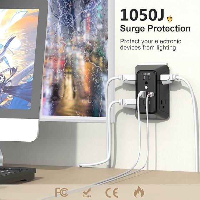 JcBlaon 3 Pack Outlet Extender Surge Protector, 6 Outlet Splitter with 4 USB Ports (2 USB C),1050J 3-Sided Multi Plug Wall Outlet, USB Wall Charger for Home Office Kitchen Travel（Black）