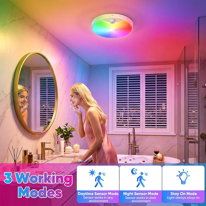 10000mAh RGB Rechargeable Motion Sensor Ceiling Light with Remote, Battery Operated Closet Light No Wiring, Magnetic Wireless LED Ceiling Lights,3 Color Indoor Overhead Lamp for Shower Pantry Hallway