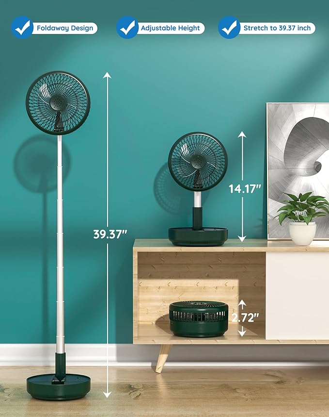 Primevolve Portable Fan, |21H Battery|7200mAh Rechargeable Oscillating Fan with Remote, Foldable Telescopic 7.7" for Travel Camping Cruise Hotel Bedroom, Green