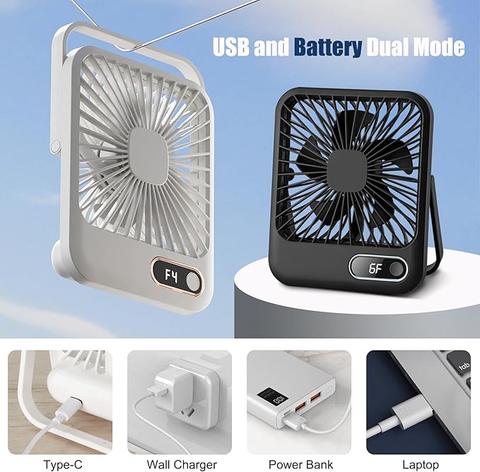 Desk Fan, Portable Travel Fan with 4000mAh Battery, USB Rechargeable Folding Design for Flexibility, Strong Quiet Wind with 6 Speeds, Display Function, Smart Timer, Ideal Gifts for Office Home Camping
