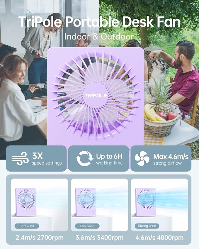 TriPole Mini Portable Desk Fan Rechargeable Ultra Quiet Small Fan 4.5 Inch Personal Travel Fan with 180° Tilt Folding and 3 Speeds Adjustable for Office Desktop Bedroom (Purple)