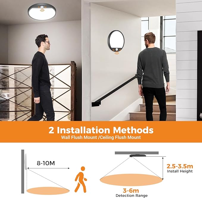 slochi 2Pack Motion Sensor Light Indoor Wired, 8.7 Inch 3000K/4000K/6500K Closet Lights Motion Sensored, 18W 1800LM Flush Mount Ceiling Light for Hallway Pantry Stairwell Porch, Black