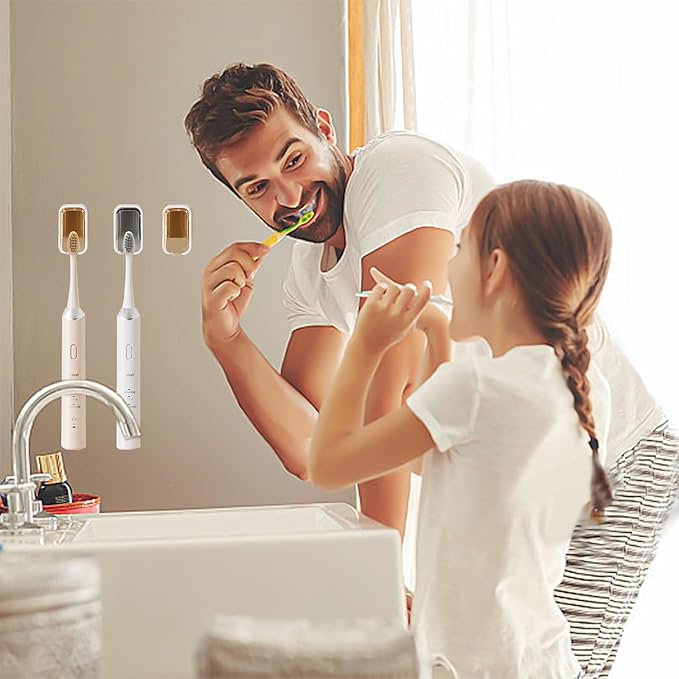 4 Pack Toothbrush Holders for Bathroom, Self Adhesive Wall Mounted Toothbrush Holder with Cover, Single Toothbrush Dispenser Storage Organizer for Family, Travel, Waterproof and Dustproof (Grey)