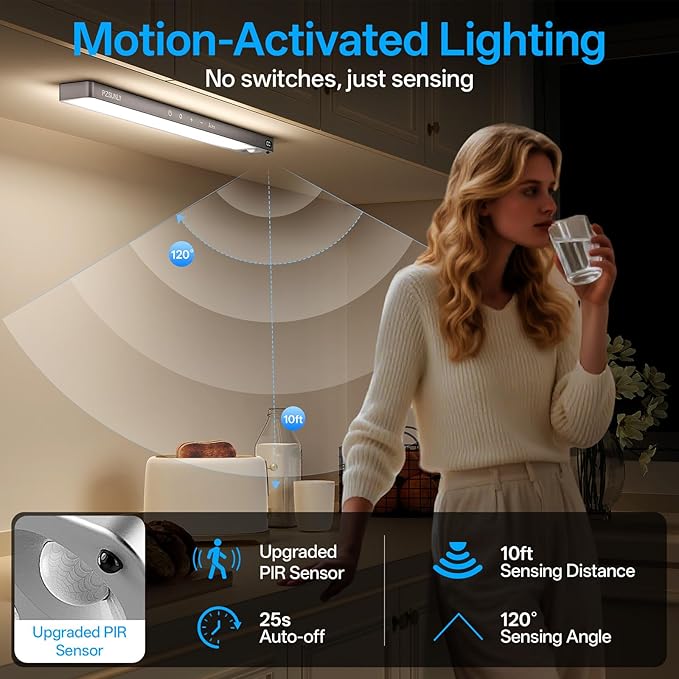 14.2inch Under Cabinet Lighting Wireless,Rechargeable Motion Sensor Light Indoor,3 Colors Dimmable,Magnetic Closet Lights with Remote,Under Counter Lights for Kitchen,Dark Gray 5Pack