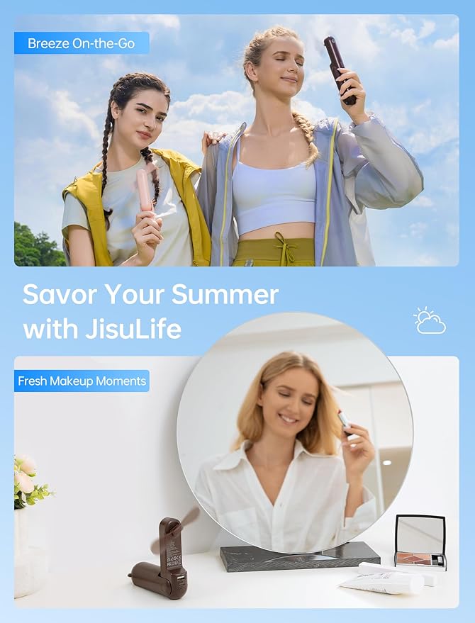 JISULIFE 3 IN 1 Handheld Mini Fan - Portable Fan & Power Bank & Flashlight, 19H Max Cooling, USB Rechargeable, Pocket-Sized for Travel, Cruise, Concerts, Makeup, 2026 Summer Gifts for Women(Brown)