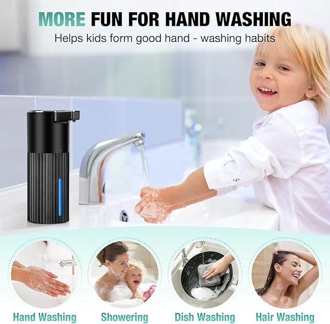 2 Pack Automatic Soap Dispenser: 14oz Plastic - Foaming Touchless 4 Level Adjustable Wall Mount Foam Black Rechargeable Electric Auto Smart Soap Dispenser Set - Bathroom Kitchen Hand Dish Lotion