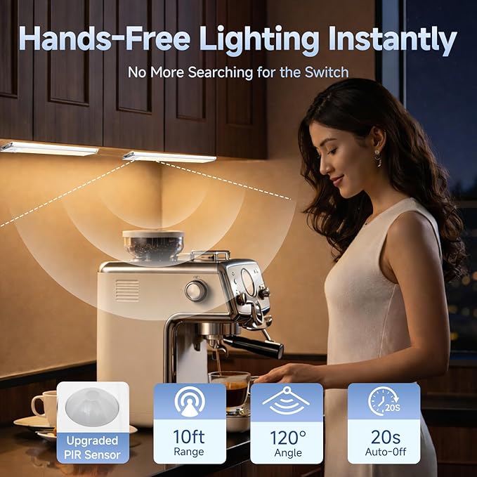 12 inch Under Cabinet Lighting, 1800mAh Rechargeable Motion Sensor Light with 3 Color Temps, Dimmable USB-C Closet Light, Wireless LED Under Counter Lights for Kitchen, Stairs, Pantry
